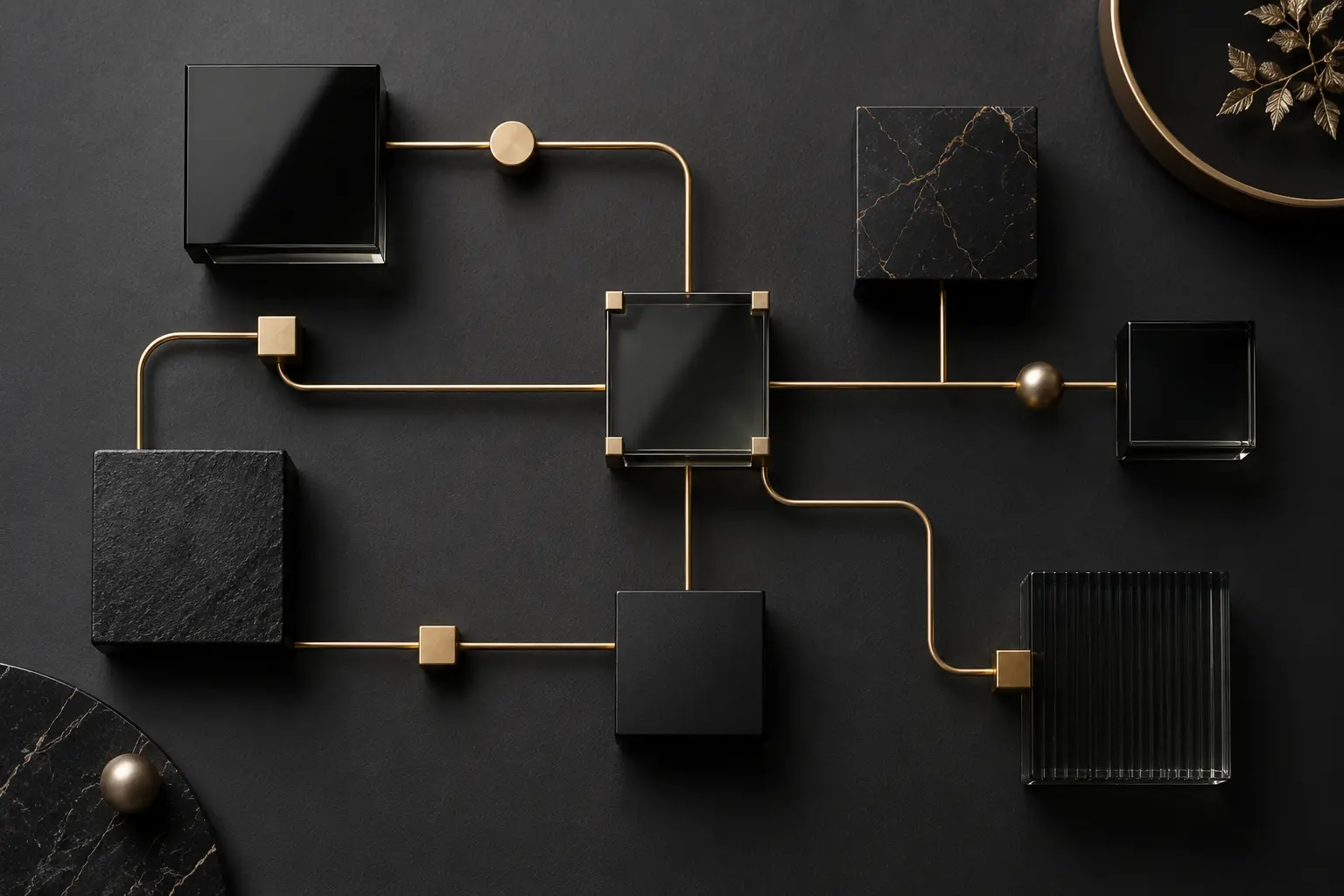 A precise network of black glass modules joined by brass pathways